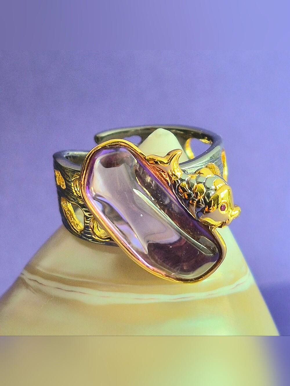 Rare*Japanese Koi Fish*Adjustable Amethyst 925 Sterling Silver +Plated Gold Ring